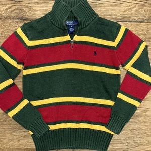 Cable-Knit Cotton Quarter-Zip Sweater; Forest green, golden yellow, maroon